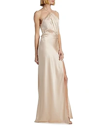 Satin Silk Pleated Halter Gown
