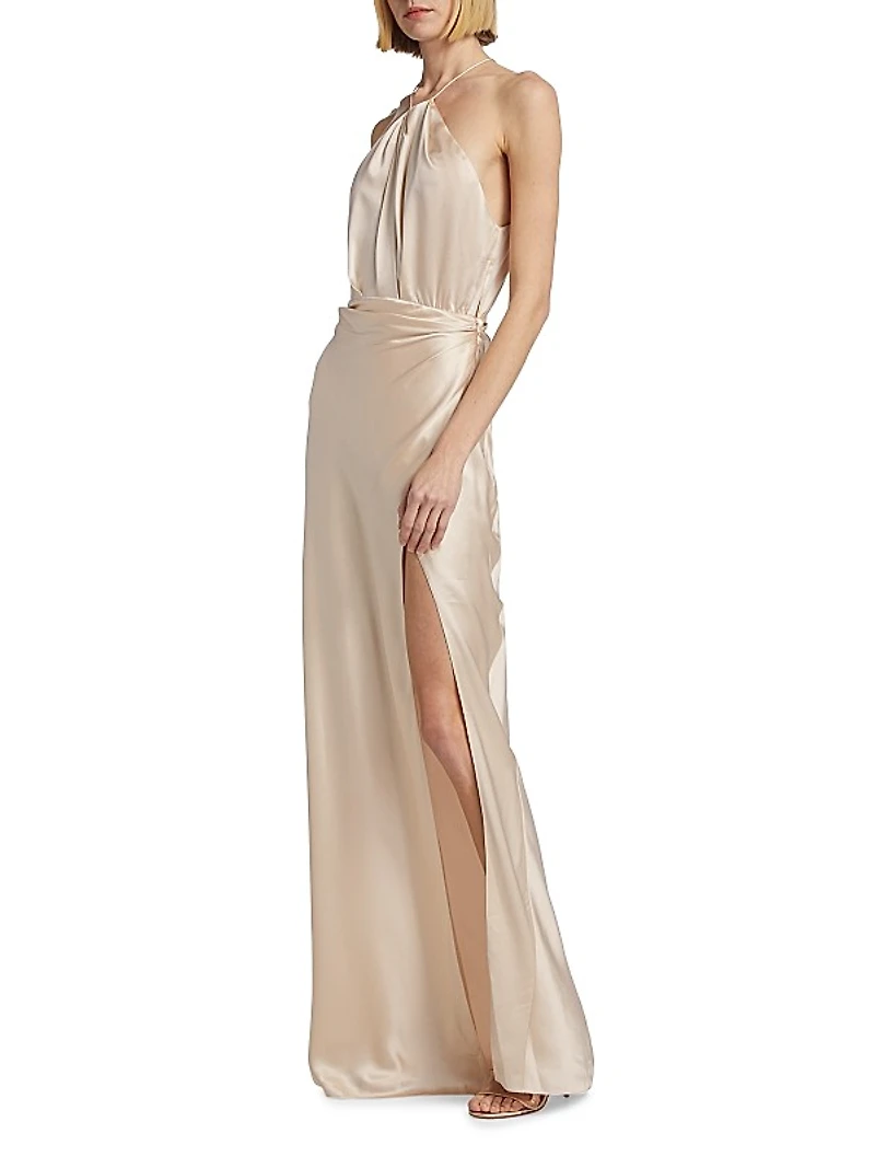 Satin Silk Pleated Halter Gown