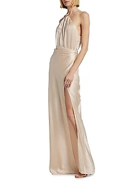 Satin Silk Pleated Halter Gown