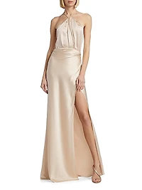 Satin Silk Pleated Halter Gown