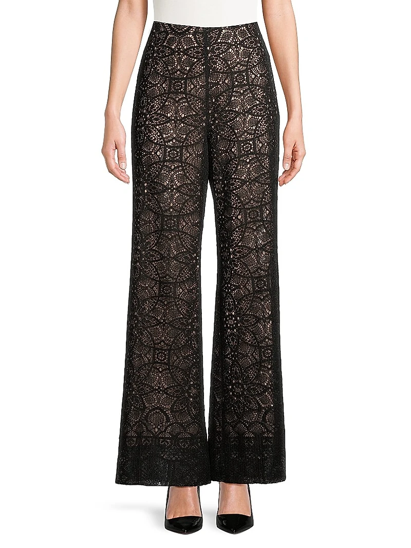Piper Geometric Cotton-Blend Chantilly Lace Flare Pants