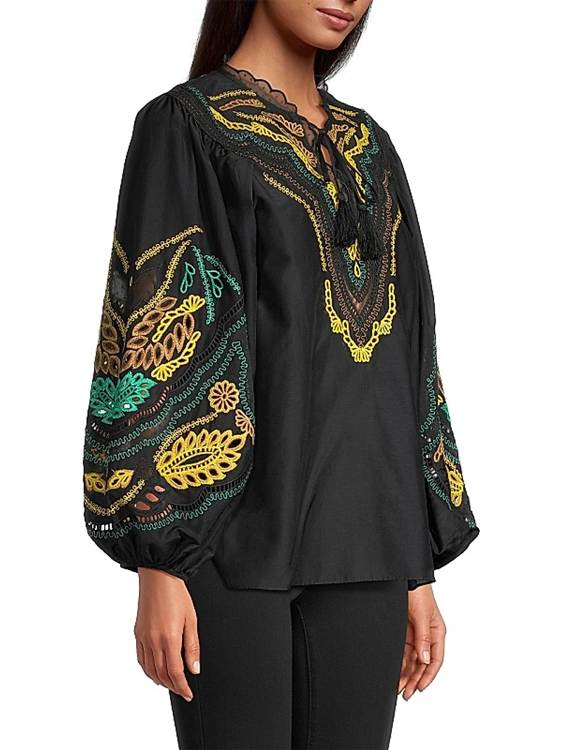 Kehlani Embroidered Cotton-Silk Blouse