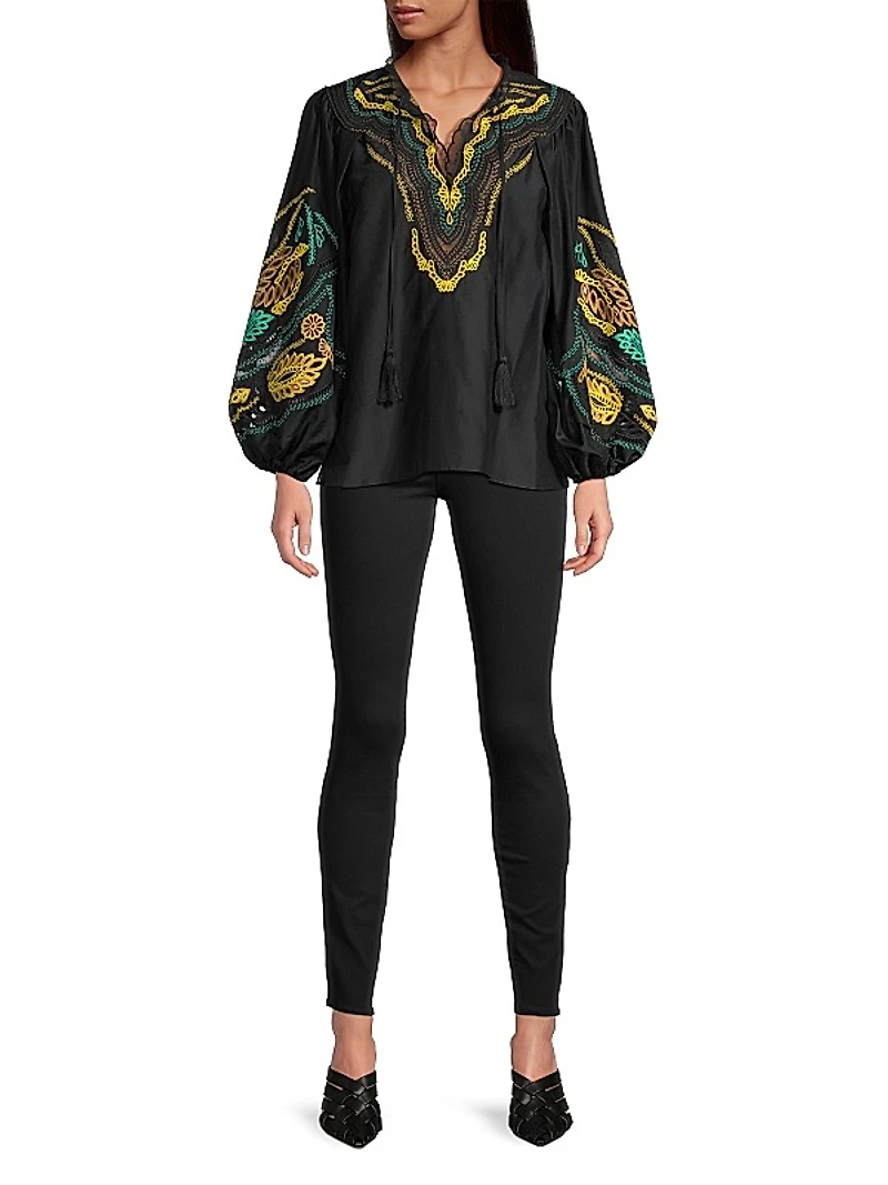 Kehlani Embroidered Cotton-Silk Blouse