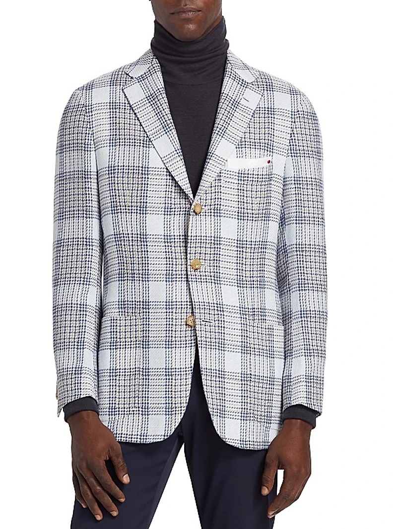 Plaid Cashmere-Linen Three-Button Sport Coat