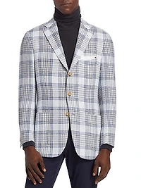 Plaid Cashmere-Linen Three-Button Sport Coat