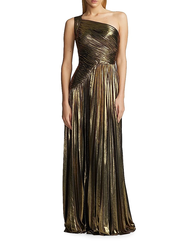 Metallic Chiffon One-Shoulder Gown
