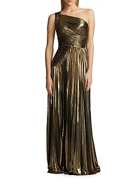Metallic Chiffon One-Shoulder Gown
