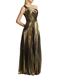 Metallic Chiffon One-Shoulder Gown