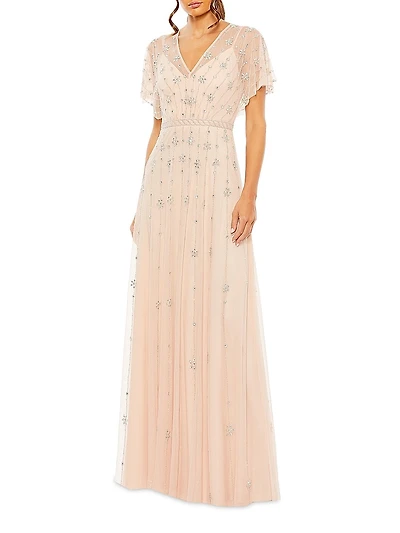Crystal-Embellished Flutter-Sleeve A-Line Gown