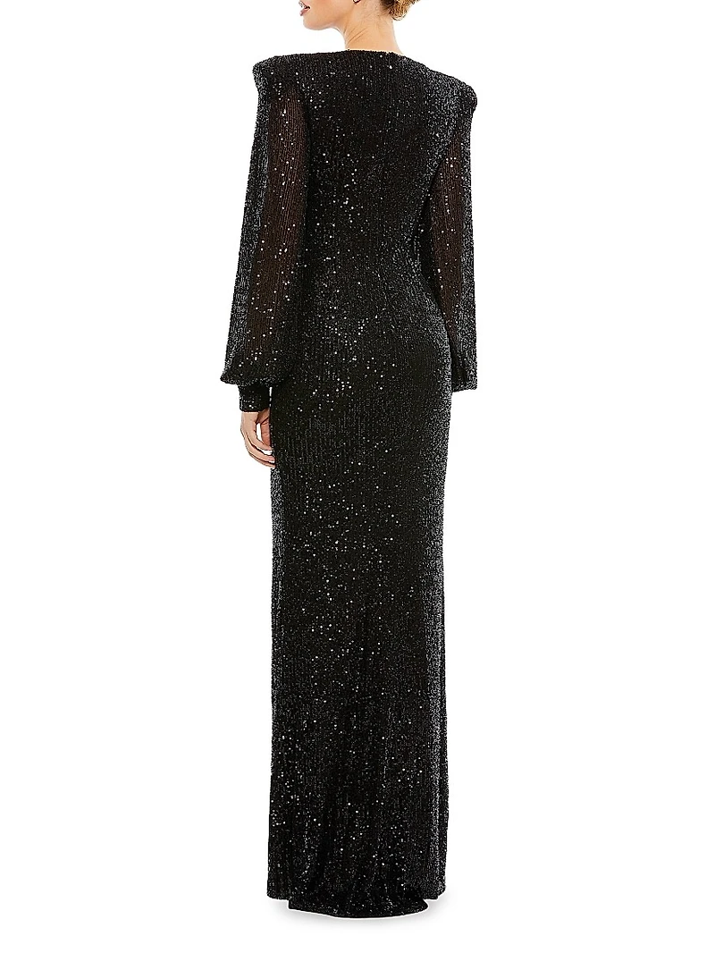 Sequined Blouson-Sleeve Plunge Gown
