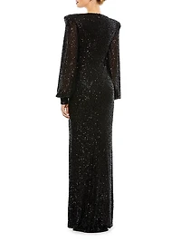 Sequined Blouson-Sleeve Plunge Gown