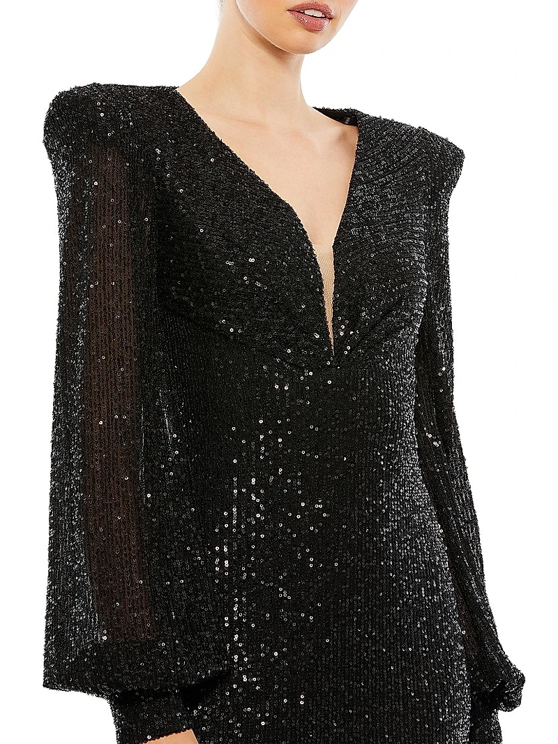 Sequined Blouson-Sleeve Plunge Gown