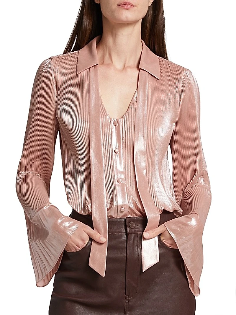 Ellery Metallic Plissé Tie-Neck Top