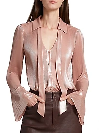 Ellery Metallic Plissé Tie-Neck Top