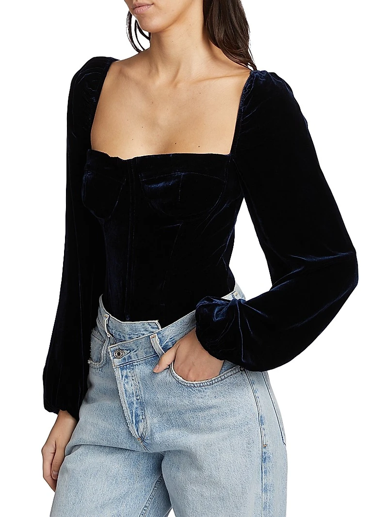Annel Velvet Blouson-Sleeve Bodysuit