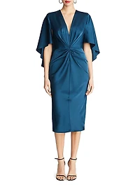 Tomi Satin V-Neck Cape Midi-Dress