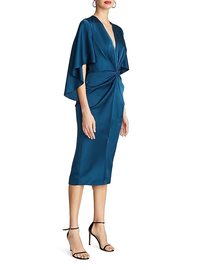 Tomi Satin V-Neck Cape Midi-Dress