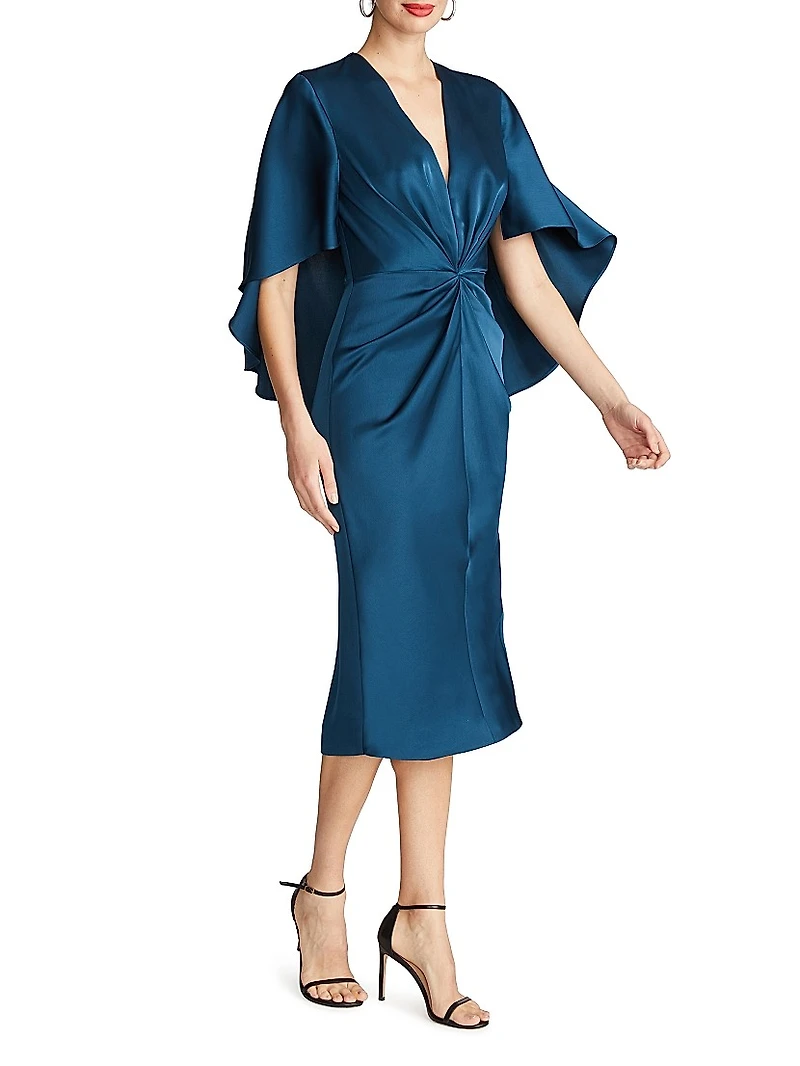 Tomi Satin V-Neck Cape Midi-Dress