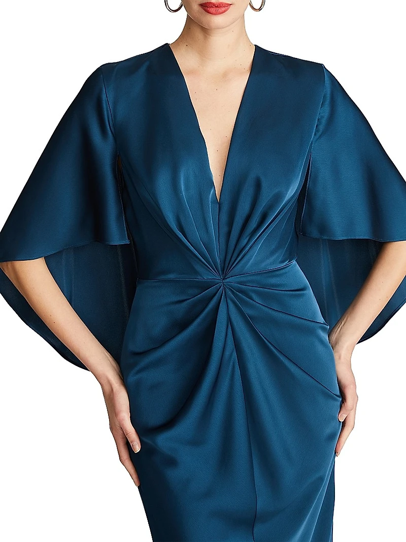 Tomi Satin V-Neck Cape Midi-Dress