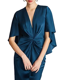 Tomi Satin V-Neck Cape Midi-Dress