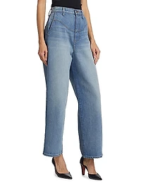 Curved Yoke Barrel-Leg Jeans