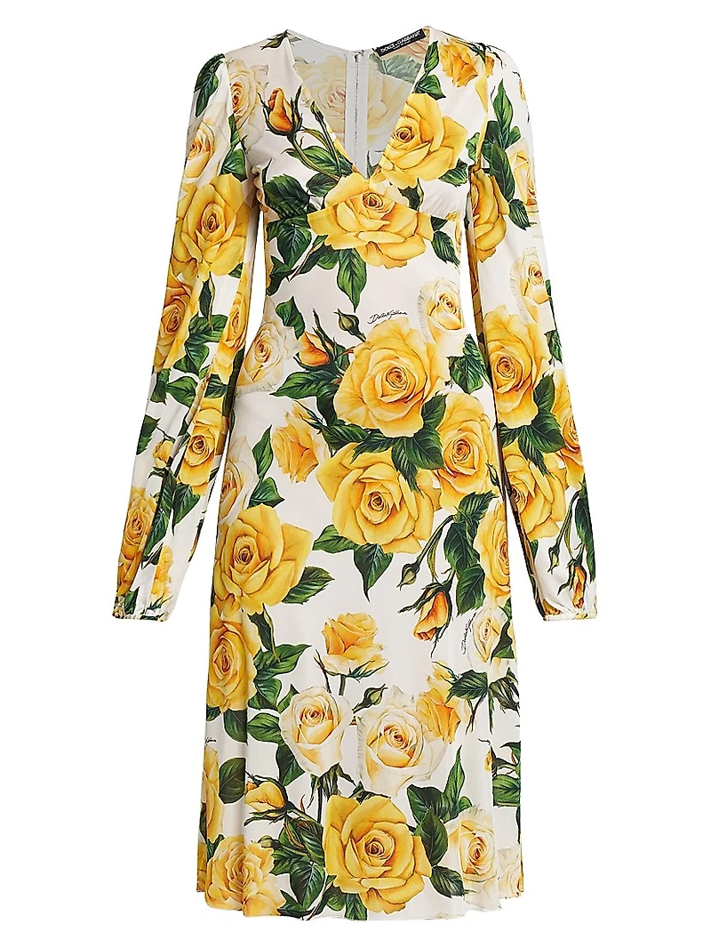 Rose Print V-Neck Midi-Dress