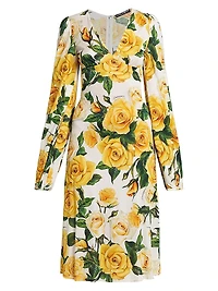 Rose Print V-Neck Midi-Dress
