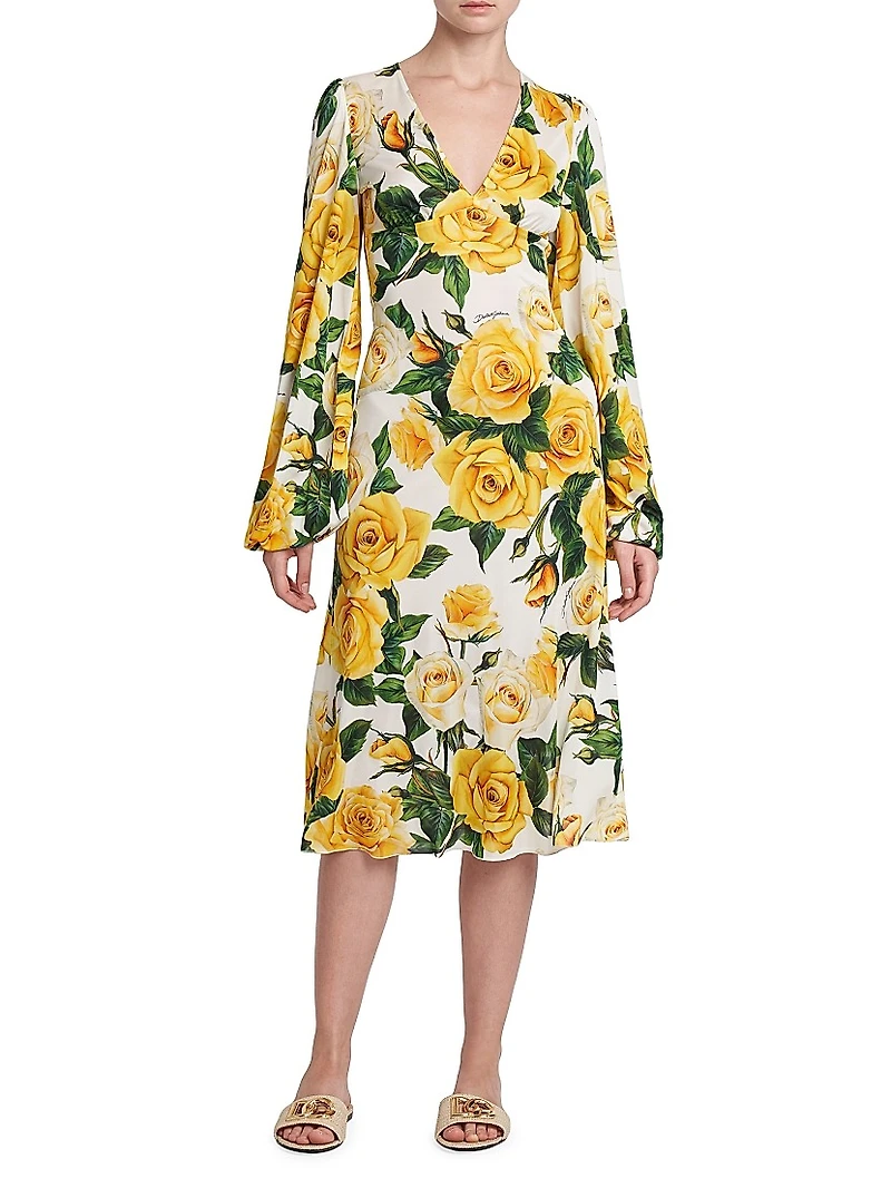Rose Print V-Neck Midi-Dress