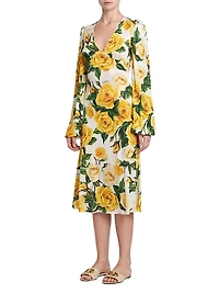 Rose Print V-Neck Midi-Dress
