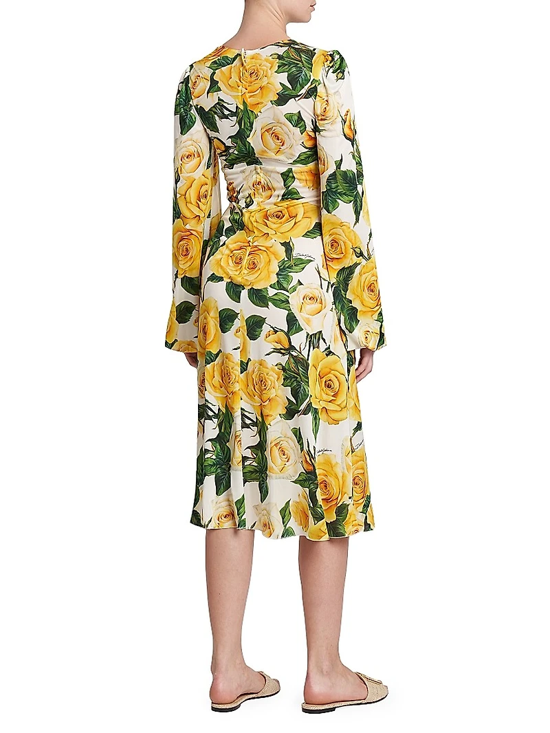 Rose Print V-Neck Midi-Dress