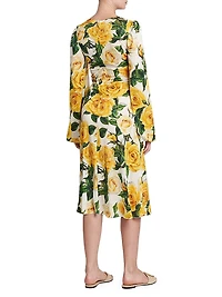 Rose Print V-Neck Midi-Dress