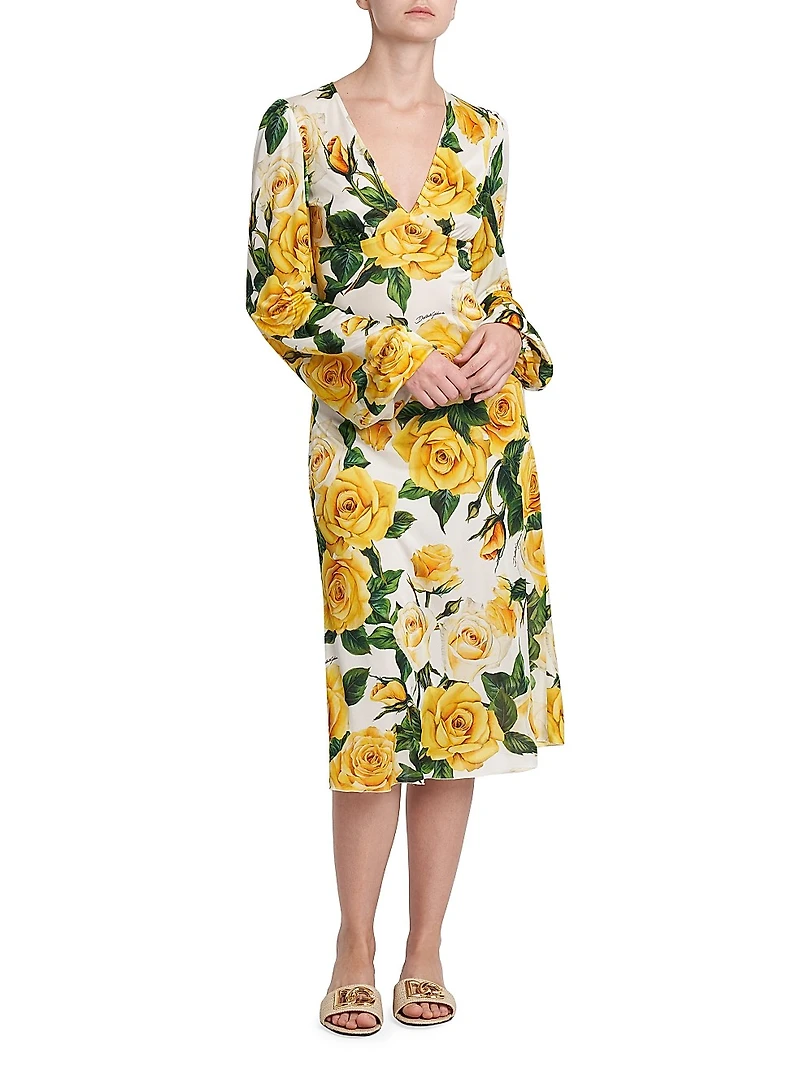 Rose Print V-Neck Midi-Dress