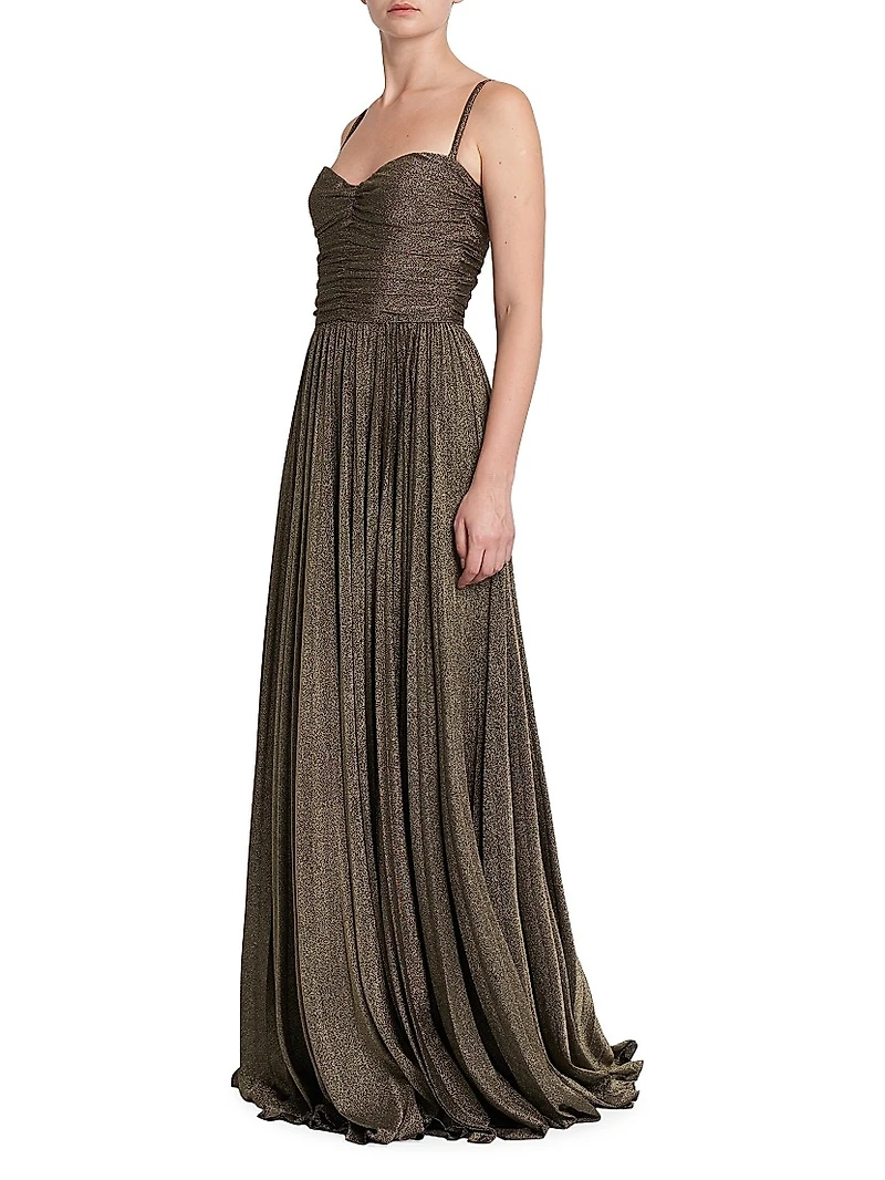 Metallic Ruched Pleated Gown