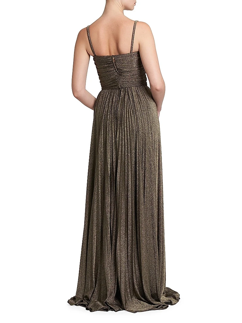Metallic Ruched Pleated Gown
