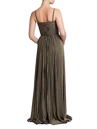 Metallic Ruched Pleated Gown