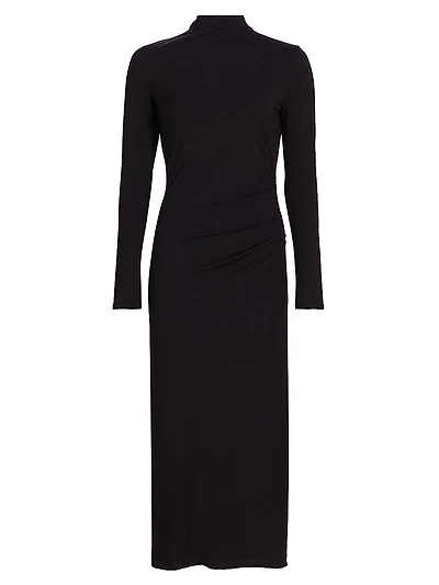 Gathered Long-Sleeve Midi-Dress