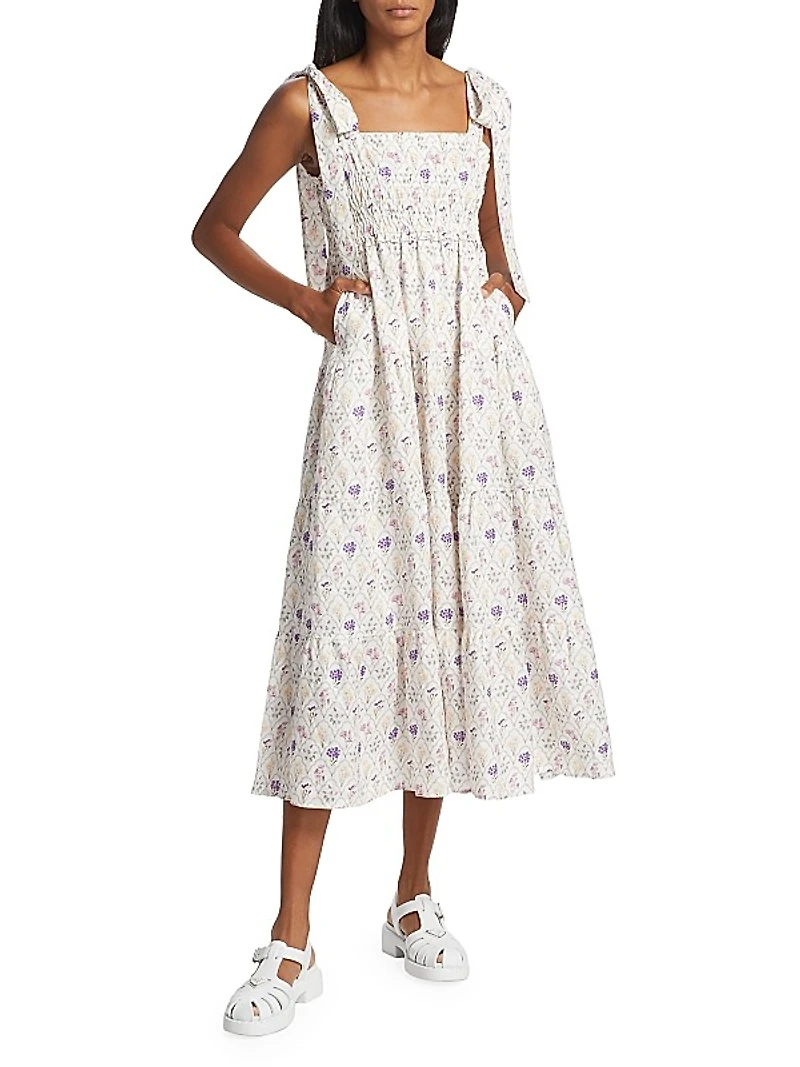Fleur Smocked Linen-Cotton Midi-Dress
