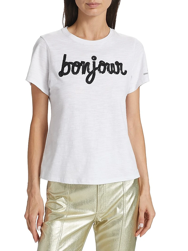 Bonjour Sequined Slub Cotton T-Shirt