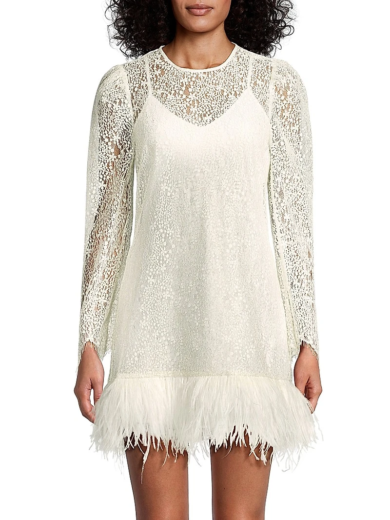 Joyce Feather-Embellished Lace Minidress