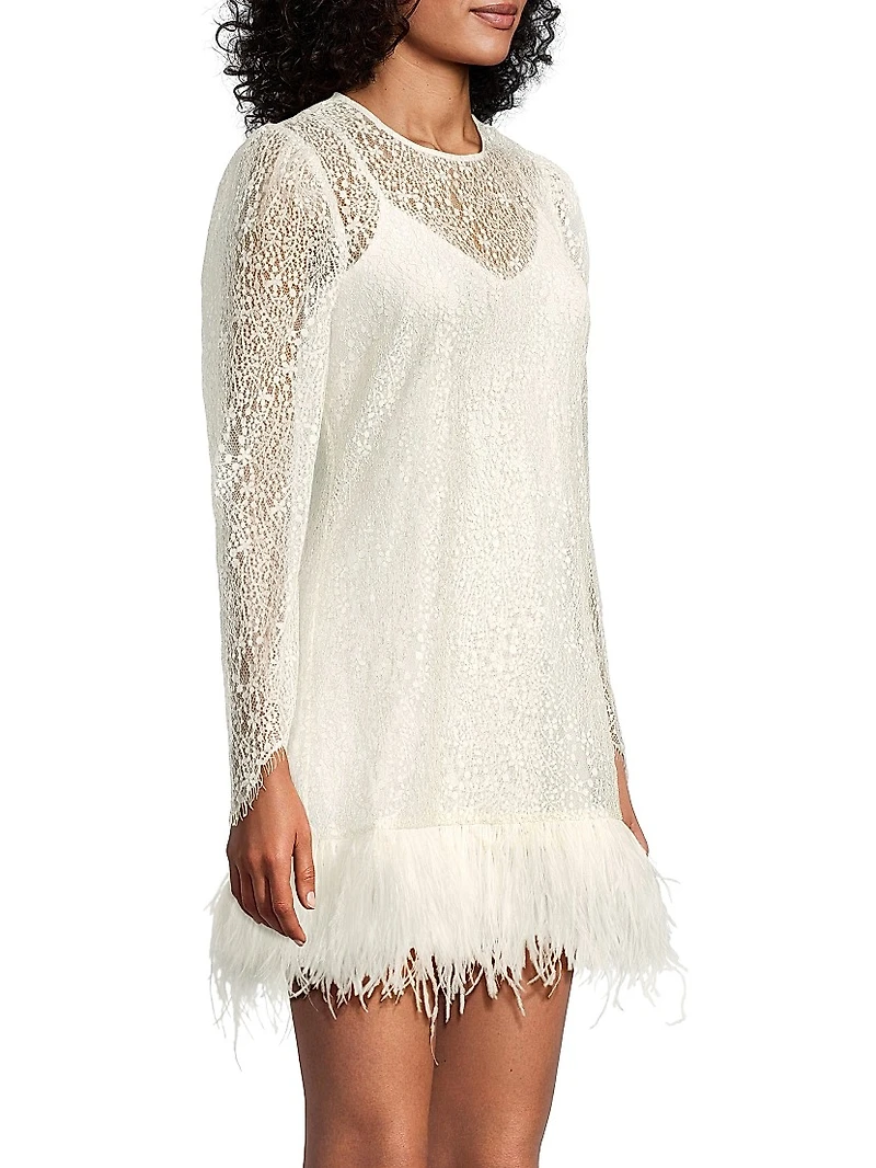 Joyce Feather-Embellished Lace Minidress