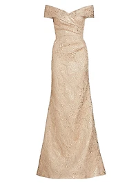 Metallic Jacquard Off-The-Shoulder Gown