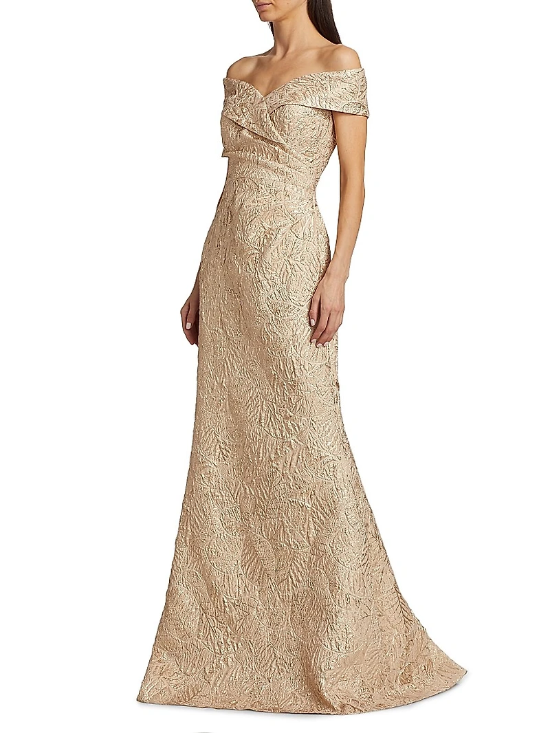 Metallic Jacquard Off-The-Shoulder Gown