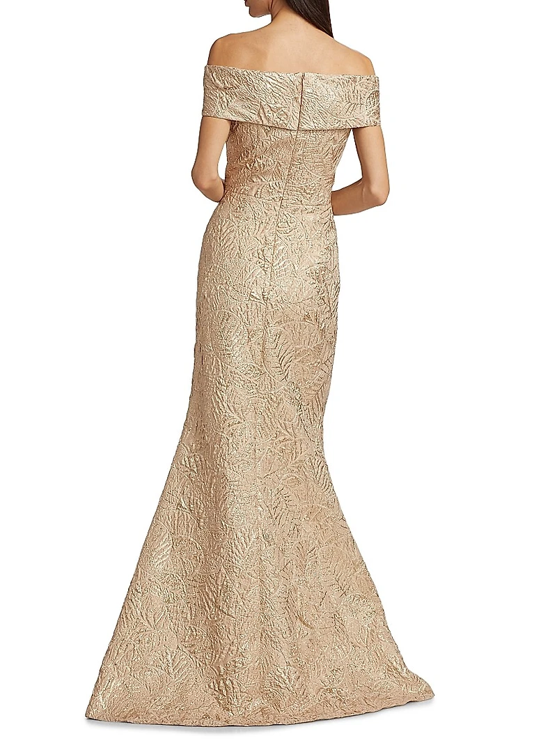 Metallic Jacquard Off-The-Shoulder Gown