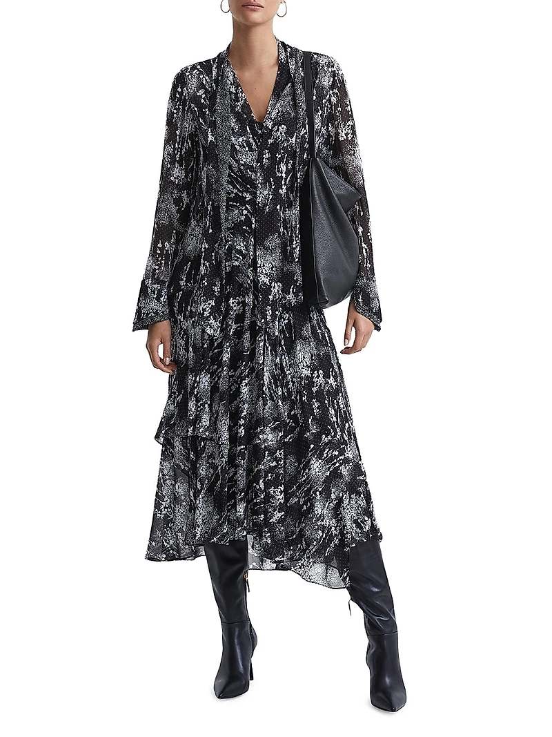 Callie Printed Tie-Neck Midi-Dress