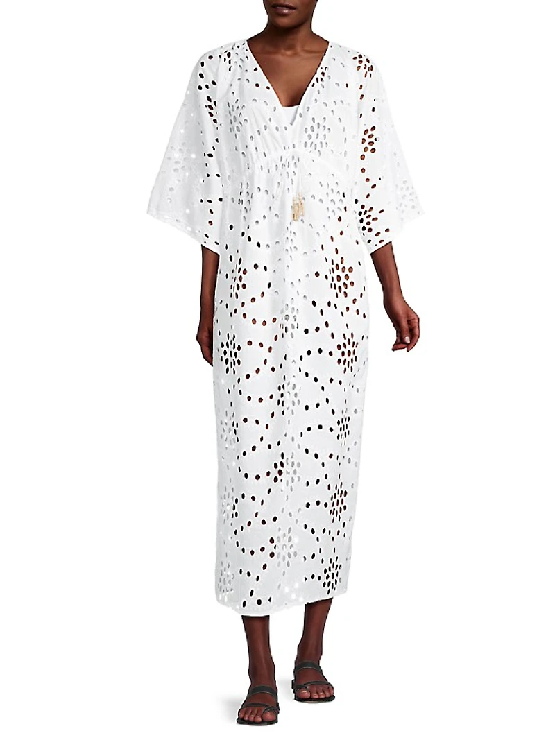 Cotton Eyelet V-Neck Midi-Dress