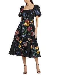 Floral Jacquard Puff-Sleeve A-Line Dress