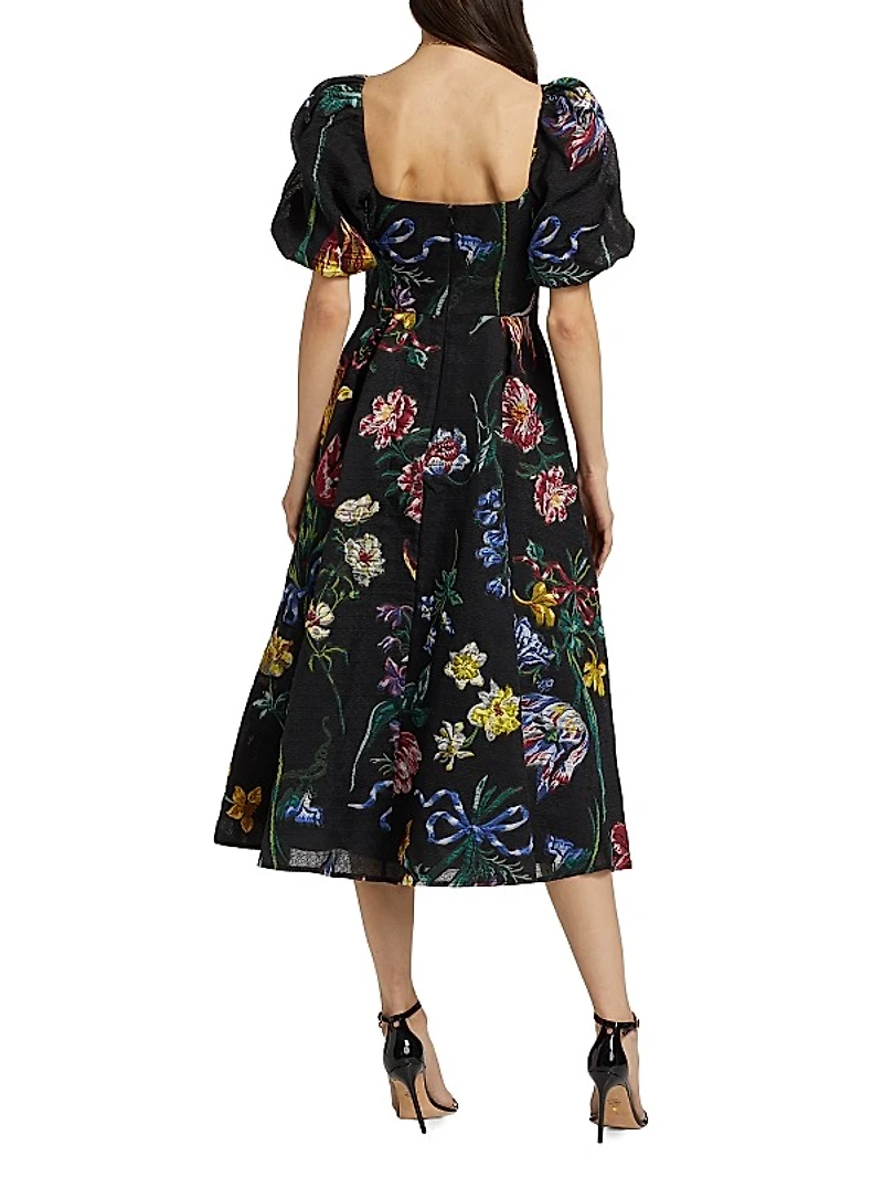 Floral Jacquard Puff-Sleeve A-Line Dress