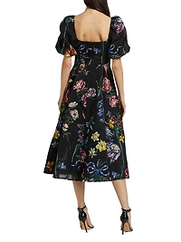 Floral Jacquard Puff-Sleeve A-Line Dress