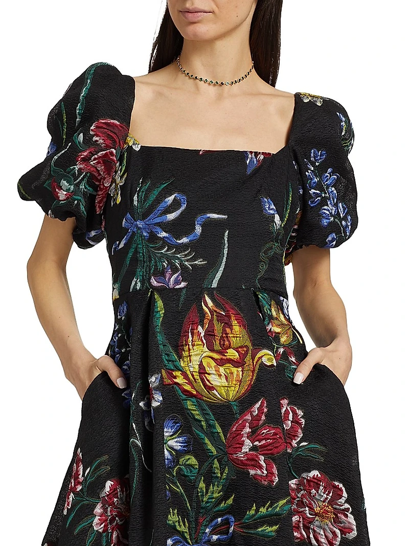 Floral Jacquard Puff-Sleeve A-Line Dress