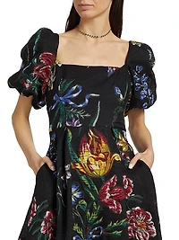 Floral Jacquard Puff-Sleeve A-Line Dress